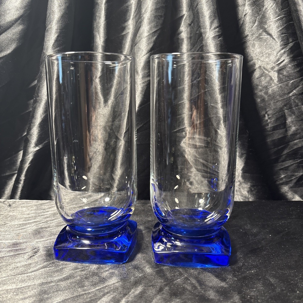 Bormioli Rocco Ibisco Clear Cobalt Blue Square Footed Glass Tumbler Set Of 2